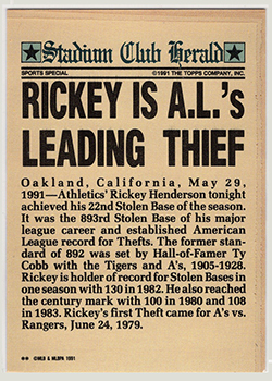 Stadium Club Charter Member Rickey is A.L.'s-Leading Thief (**)      