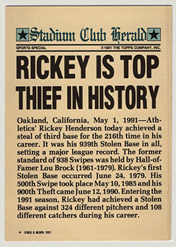 Stadium Club Members Only Rickey Is Top Thief in History (*)      